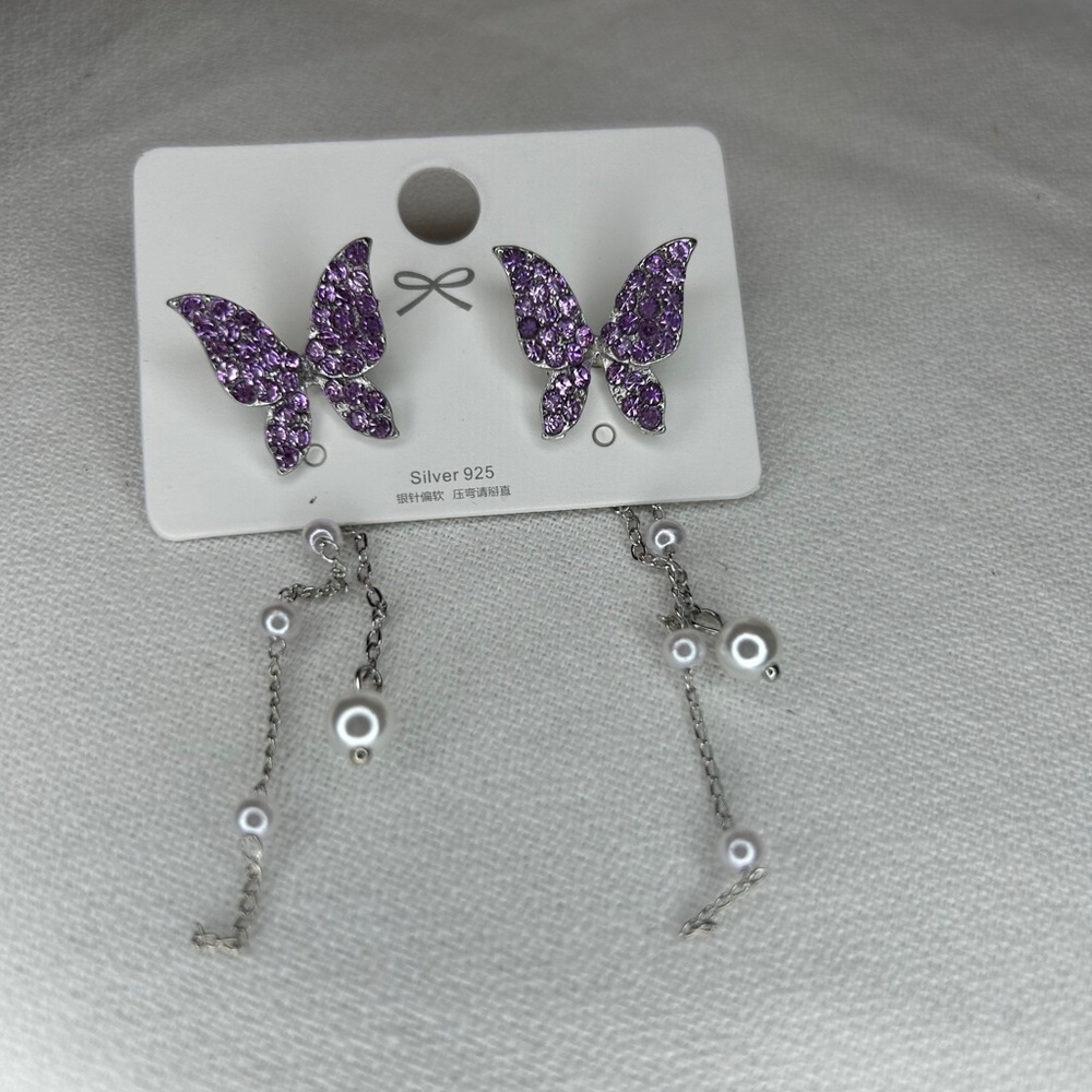 Silver 925 purple Butterfly dangle earrings. New